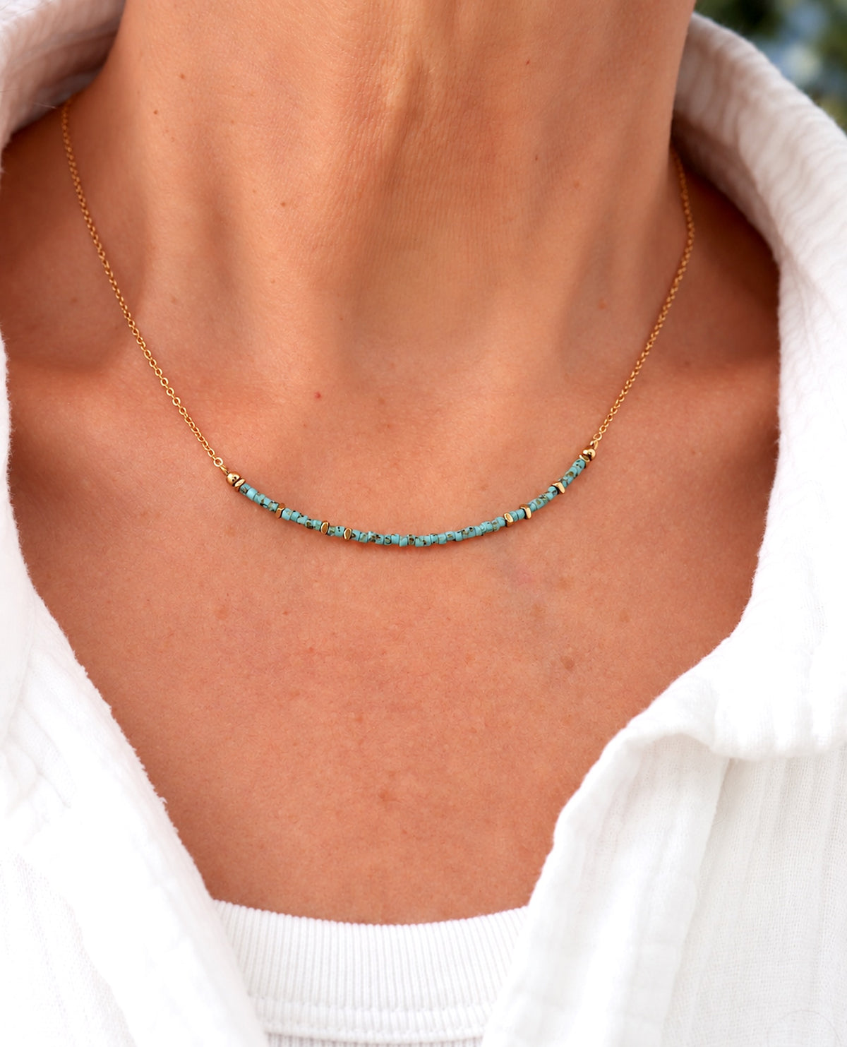 Collier fin chaine et perles miyuki turquoise femme, collier acier inoxydable doré réglable
