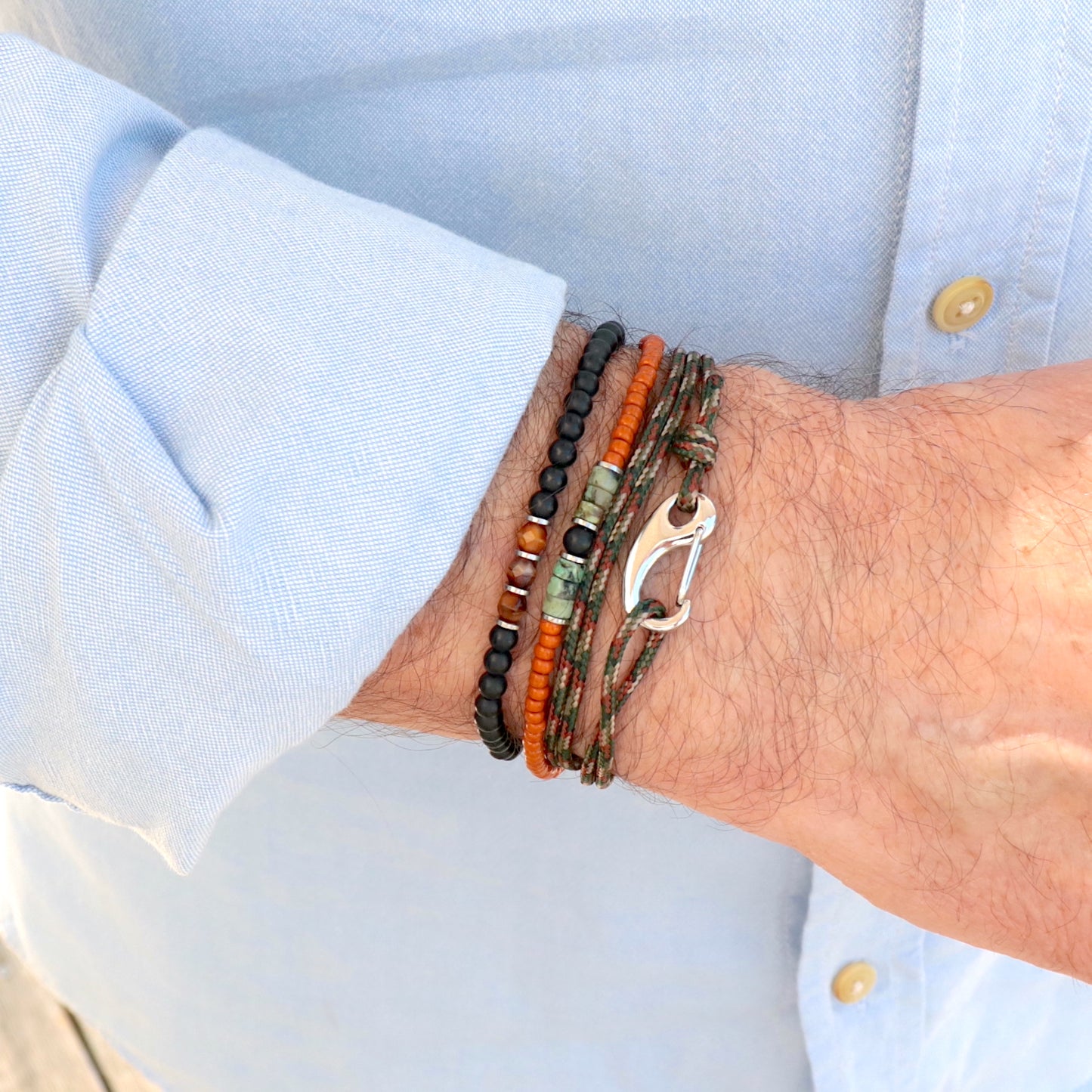 Bracelet mousqueton acier sur cordon trois tours,cadeau homme