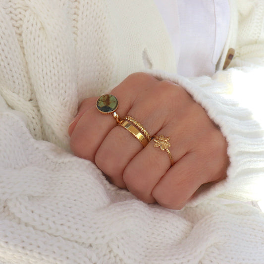 Bague acier inoxydable doré fleur,bague fine ajustable femme