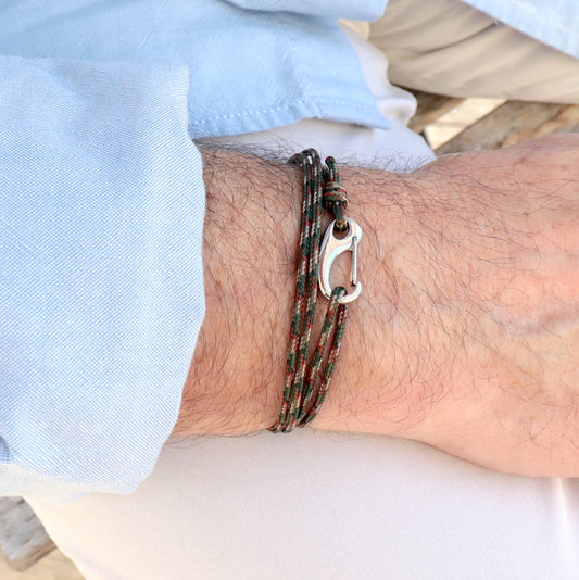 Bracelet mousqueton acier sur cordon trois tours,cadeau homme