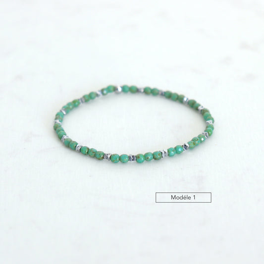 Bracelet perles vertes feu poli et hématites carrées sur élastique,bracelet femme 2 modéles