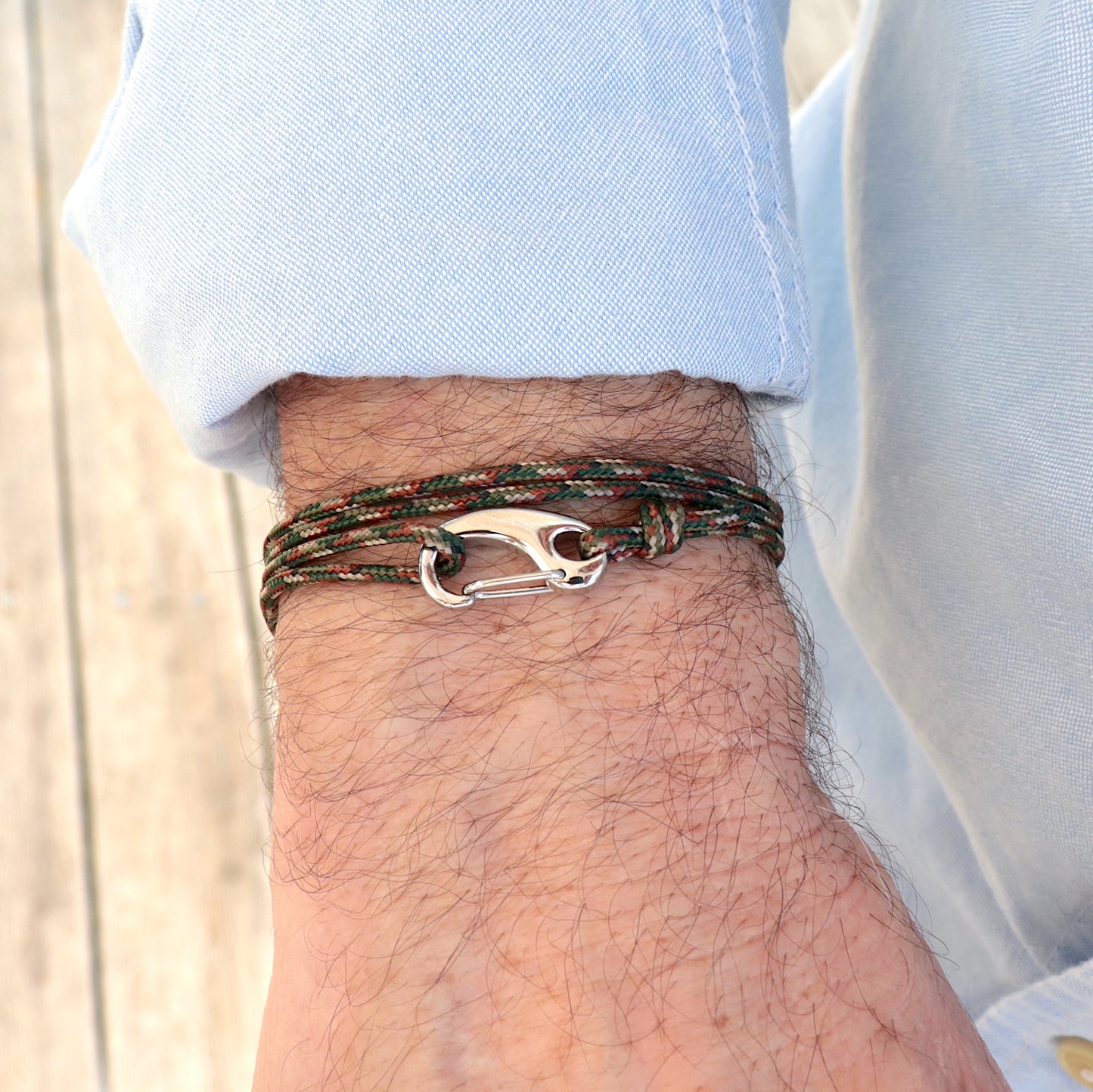 Bracelet mousqueton acier sur cordon trois tours,cadeau homme