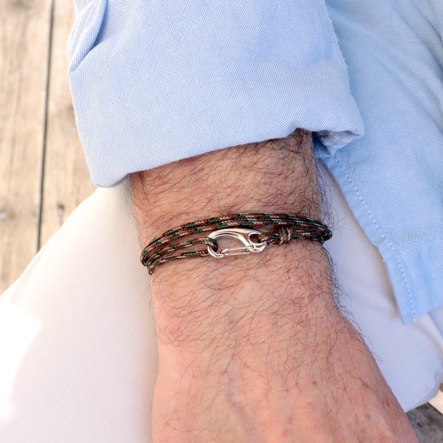 Bracelet mousqueton acier sur cordon trois tours,cadeau homme