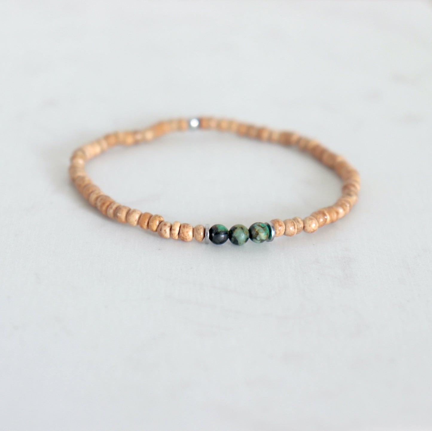 Bracelet pierres turquoise africaine et bois de coco homme,bracelet élastique tendance