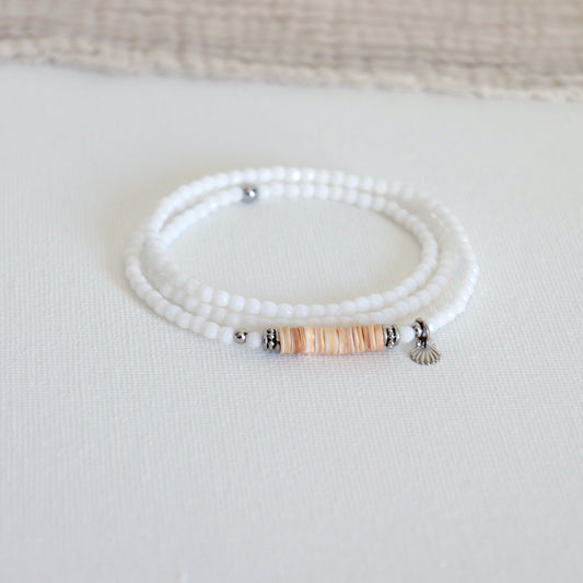 Bracelet coquillage trois tours perles et acier inoxydable,bracelet élastique femme plage style boho surf