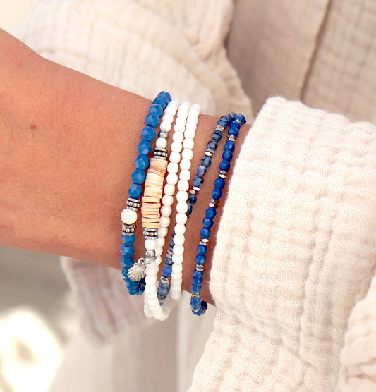 Bracelet élastique perles bleues et hématites carrées pour elle