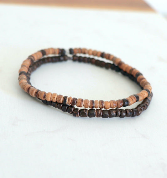 Bracelet homme perles en bois de coco sur élastique,bracelet d'été 2 modèle et 5 tailles à choisir