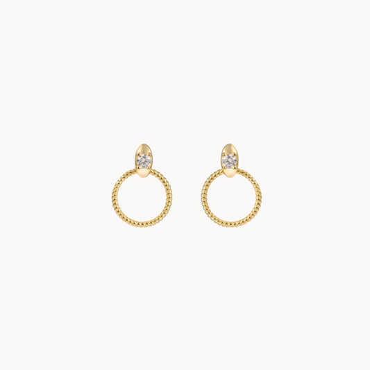 Petites puces d'oreilles anneau torsadé et zircon, mini clous d'oreilles femme argent ou doré