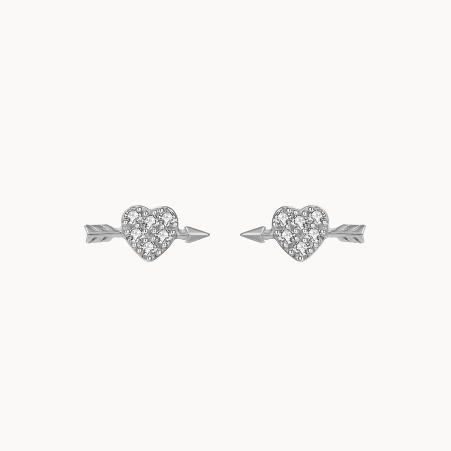 Puces d'oreilles coeur flèche avec zircons,mini clous d'oreilles femme, argent ou doré