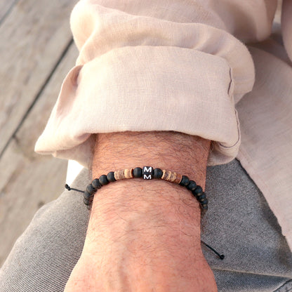 Bracelet homme perle lettre personnalisable sur cordon noir,bracelet surfeur perles bois et onyx