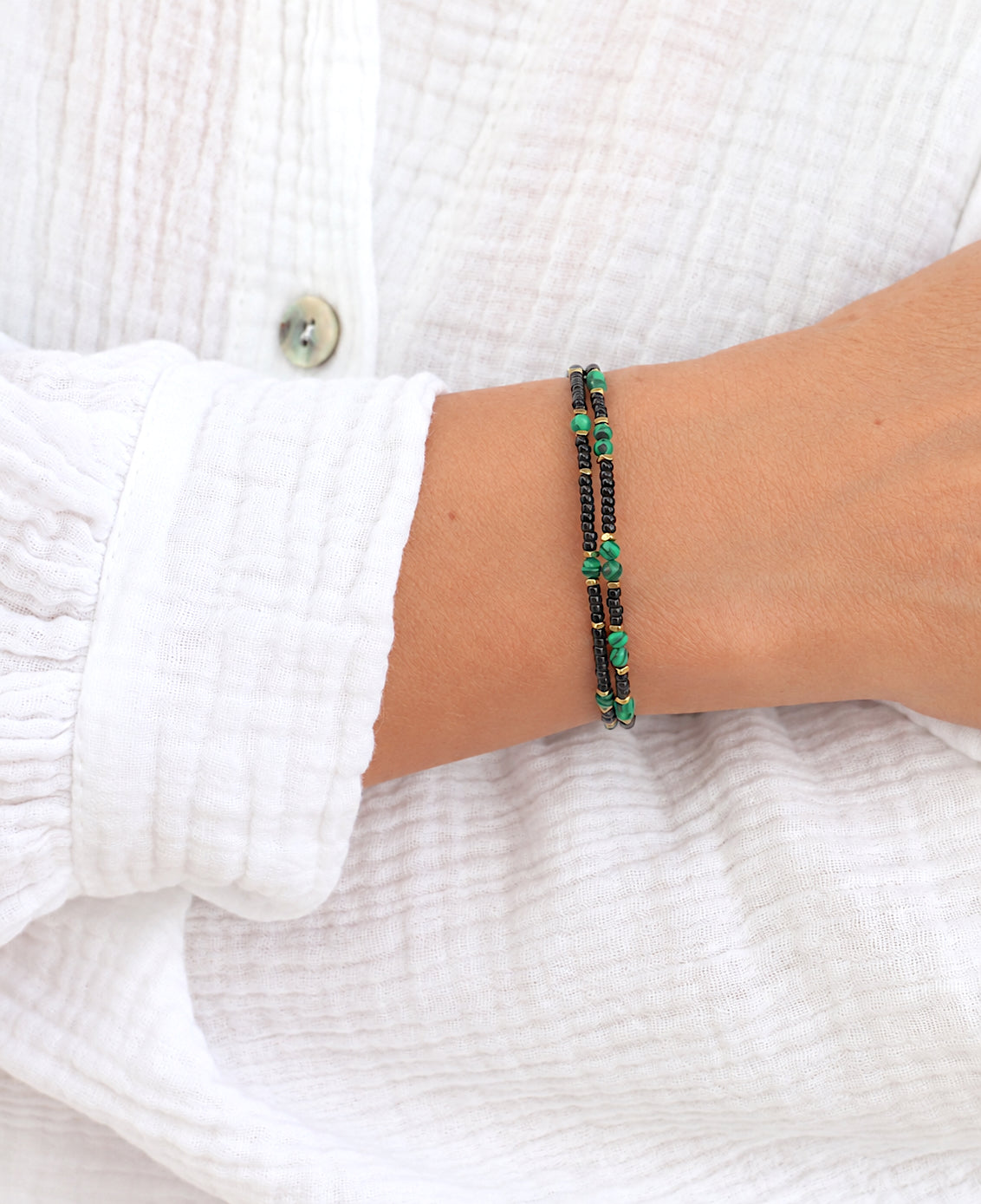 Bracelet femme perles malachite deux tours reglable par chaine de rallonge