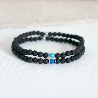 Bracelet homme pierres de lave et perle facettée bleue,bracelet élastique perle bleue couleur à choisir