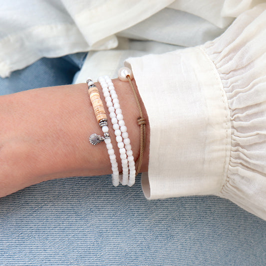 Bracelet coquillage trois tours perles et acier inoxydable,bracelet élastique femme plage style boho surf