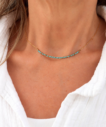 Collier fin chaine et perles miyuki turquoise femme, collier acier inoxydable doré réglable