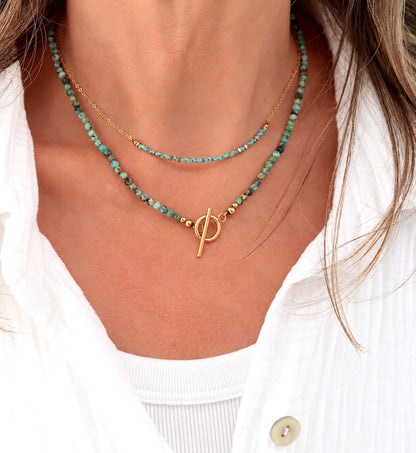Collier fin chaine et perles miyuki turquoise femme, collier acier inoxydable doré réglable