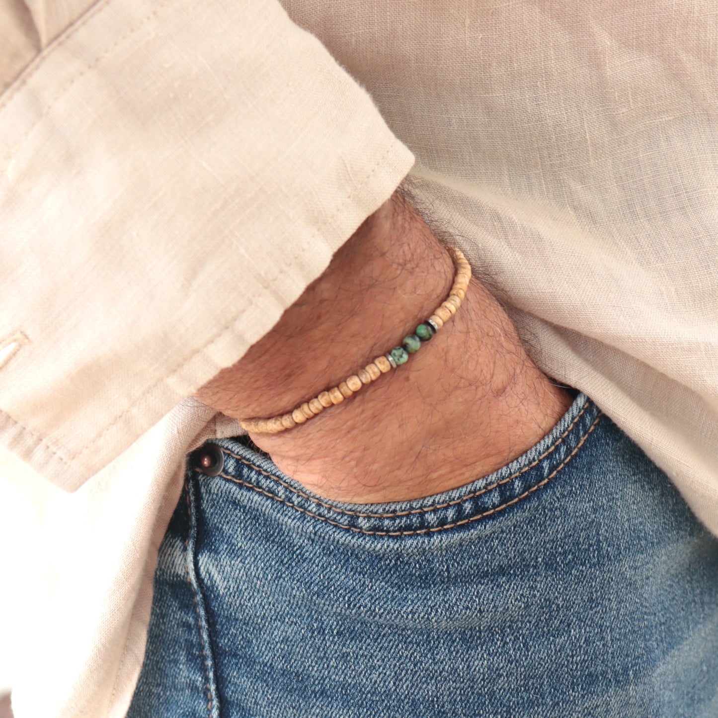 Bracelet pierres turquoise africaine et bois de coco homme,bracelet élastique tendance