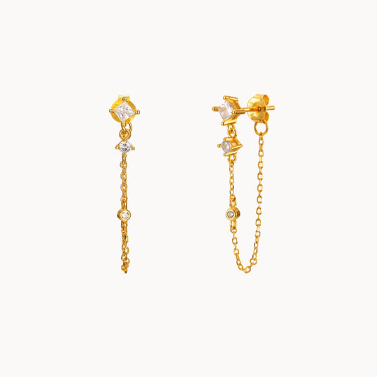 Petites puces d'oreilles chaine trois zircons, clous d'oreilles femme argent ou doré