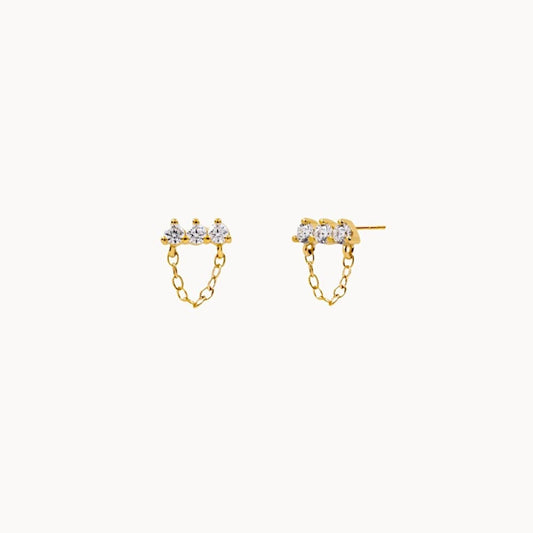 Clous d'oreilles chaine trois zircons, petites puces d'oreilles femme doré ou argent