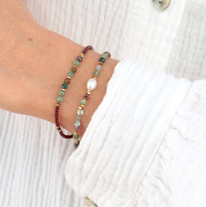 Bracelet perle d'eau douce et pierres agate indienne sur cordon