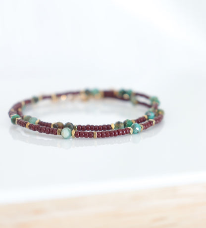 Bracelet femme perle turquoise africaine et rocaille marron deux tours