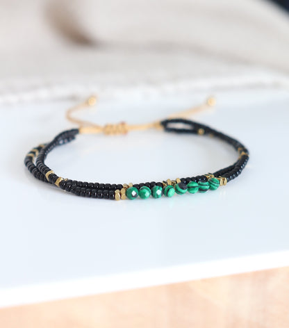 Bracelet perle malachite et rocaille sur cordon double rangs