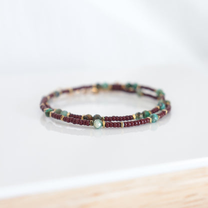 Bracelet femme perle turquoise africaine et rocaille marron deux tours