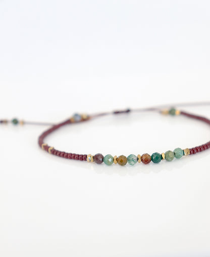 Bracelet fin pierre agate indienne et rocaille sur cordon pour femme