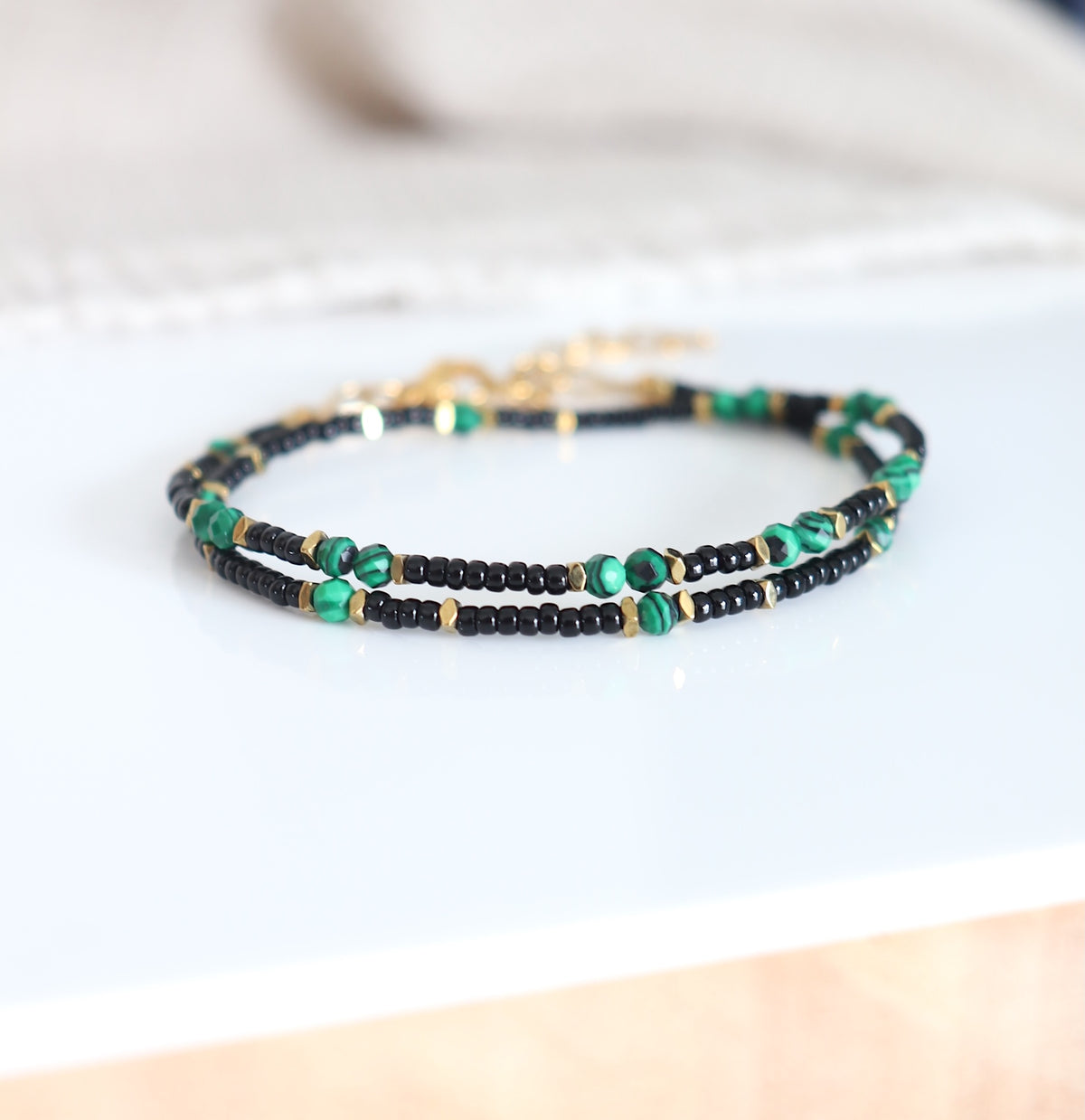 Bracelet femme perles malachite deux tours reglable par chaine de rallonge