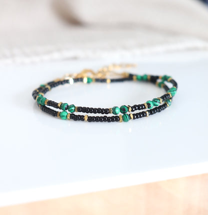 Bracelet femme perles malachite deux tours reglable par chaine de rallonge