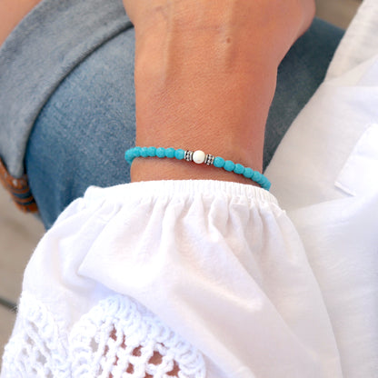 Bracelet élastique perles bleues poli au feu et magnesite,bracelet femme boho surf 5 tailles