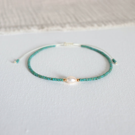 Bracelet de cheville perle d'eau douce et perles turquoises marbrées sur cordon,bracelet fin réglable pour femme