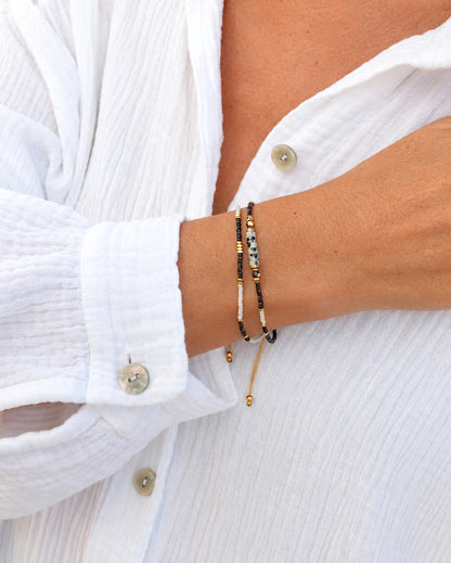 Bracelet femme jaspe dalmatien sur cordon double rangs
