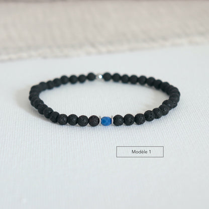 Bracelet homme pierres de lave et perle facettée bleue,bracelet élastique perle bleue couleur à choisir