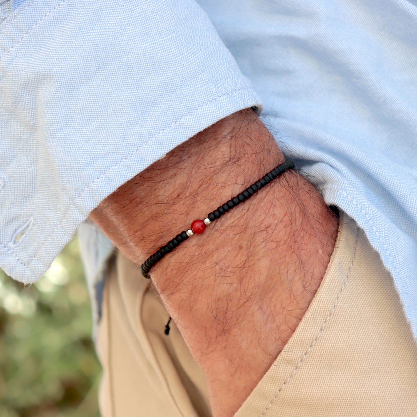 Bracelet fin perles de rocaille noires et jaspe rouge pour lui,bracelet cordon réglable surf boho