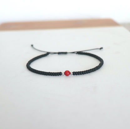 Bracelet fin perles de rocaille noires et jaspe rouge pour lui,bracelet cordon réglable surf boho