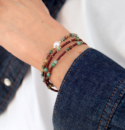 Bracelet femme perle turquoise africaine et rocaille marron deux tours