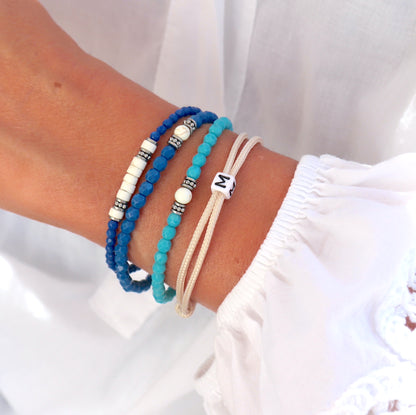 Bracelet élastique perles bleues poli au feu et magnesite,bracelet femme boho surf 5 tailles