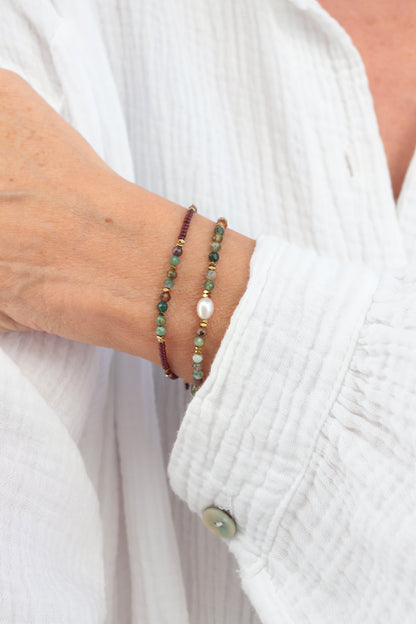 Bracelet perle d'eau douce et pierres agate indienne sur cordon