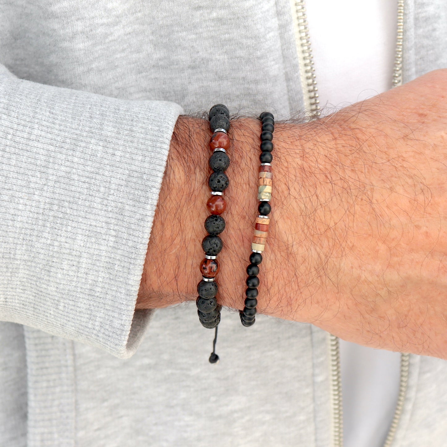 Bracelet perles sur élastique pour homme,bracelet pierres jaspe et agate noire style surfeur