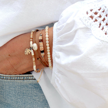 Bracelet cordon coquillage et feuille de palmier acier,bracelet réglable femme plage bohême