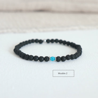 Bracelet homme pierres de lave et perle facettée bleue,bracelet élastique perle bleue couleur à choisir