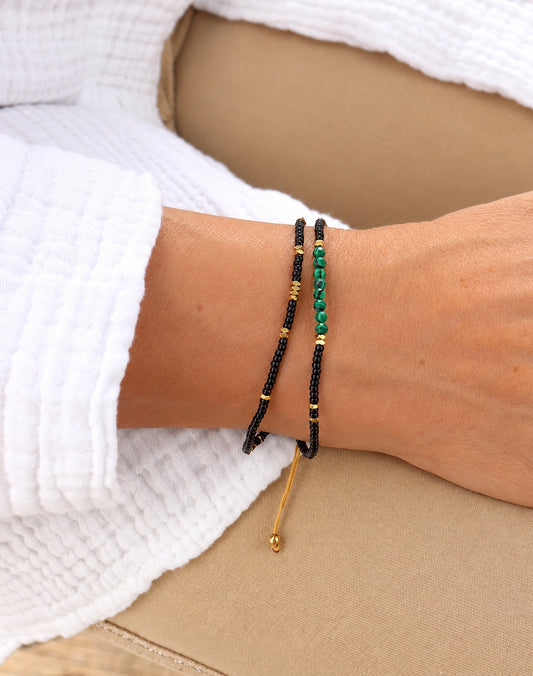 Bracelet perle malachite et rocaille sur cordon double rangs
