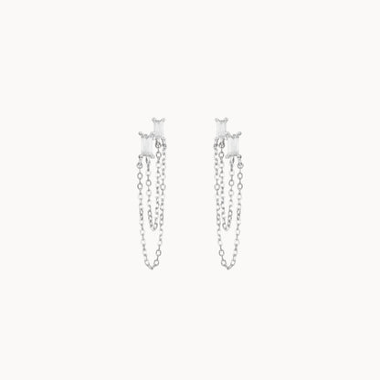 Boucles d'oreilles puces chaines deux zircons, petits clous d'oreilles femme en argent ou doré