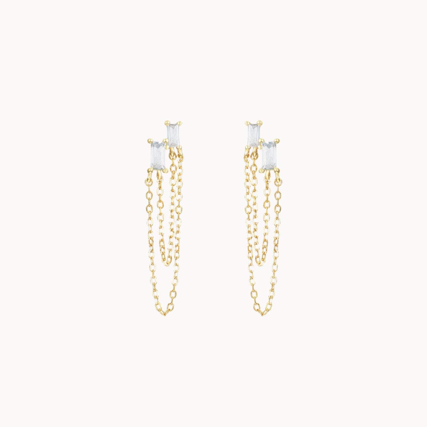 Boucles d'oreilles puces chaines deux zircons, petits clous d'oreilles femme en argent ou doré