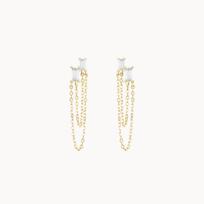 Boucles d'oreilles puces chaines deux zircons, petits clous d'oreilles femme en argent ou doré