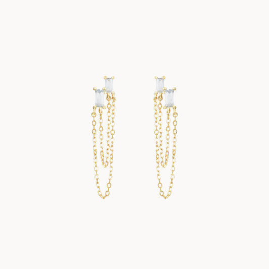 Boucles d'oreilles puces chaines deux zircons, petits clous d'oreilles femme en argent ou doré