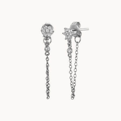 Boucles d'oreilles pendantes fleur zircons et chaine dorée pour femme,puces d'oreilles femme en argent ou doré