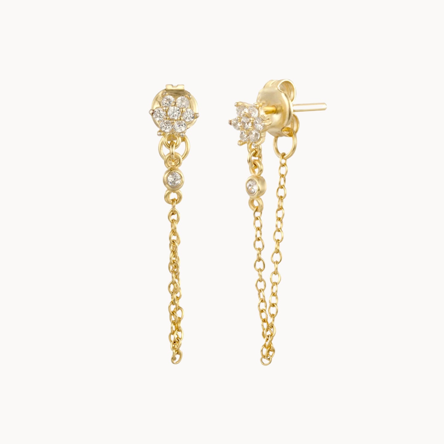 Boucles d'oreilles pendantes fleur zircons et chaine dorée pour femme,puces d'oreilles femme en argent ou doré