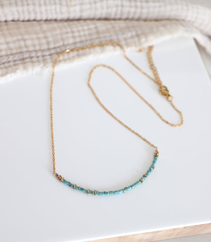 Collier fin chaine et perles miyuki turquoise femme, collier acier inoxydable doré réglable