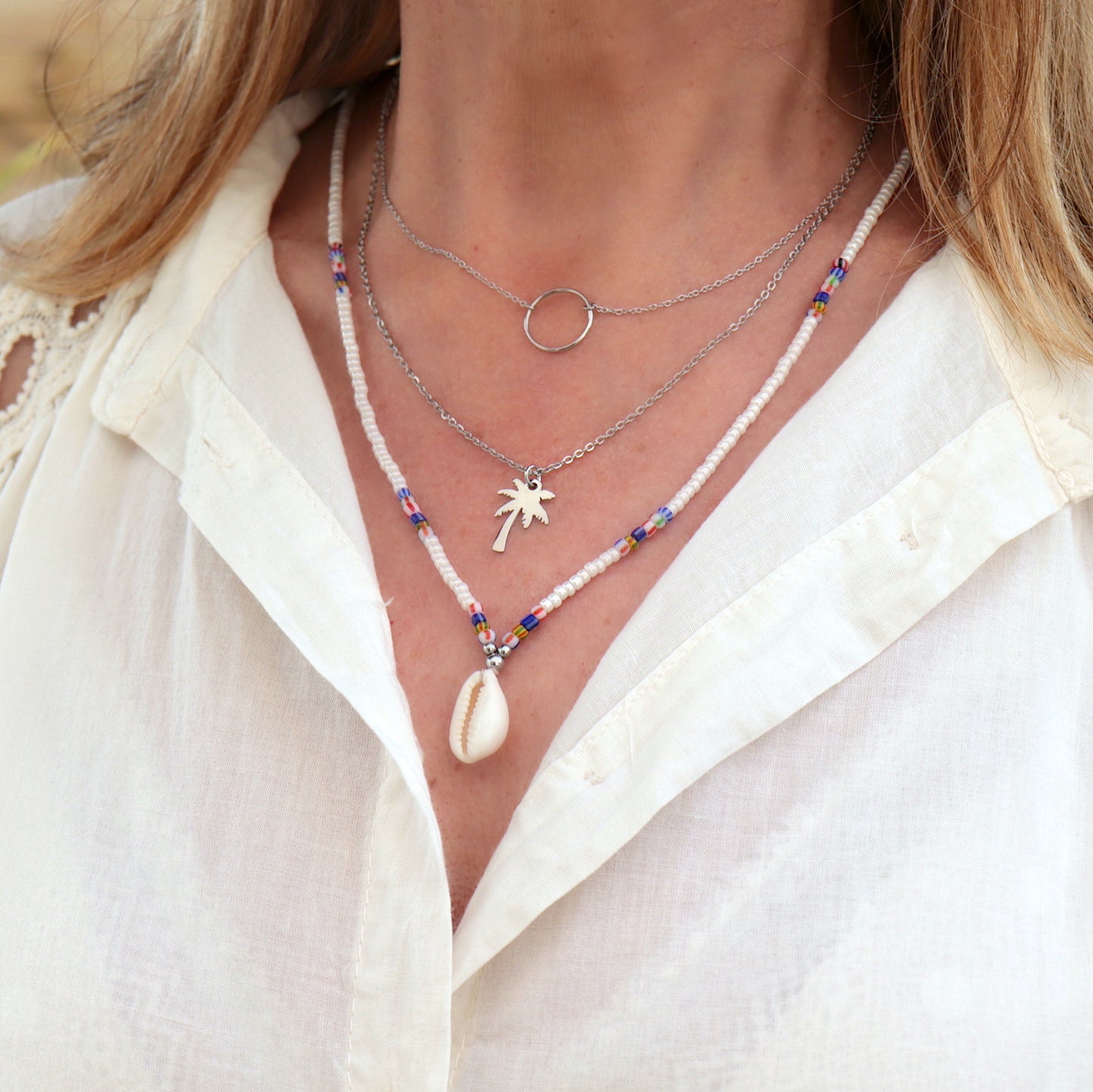 Collier cordon coquillage et perles de rocailles,collier femme réglable style boho surf